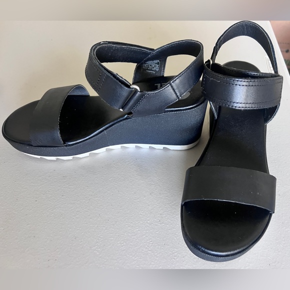 SOREL Cameron Wedge Leather Sandals Black Platform Ankle Strap 7 US NL 4018-010 - Picture 3 of 9